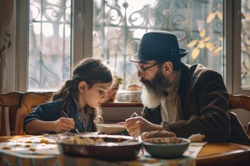 Wall Mural - A young boy and girl sit together at a table, enjoying their breakfast meal