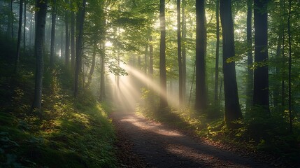  Hiking trail through natural green beech forest in the morning light the sun shines through the morning mist Ziegeroda Forest SaxonyAnhalt Germany Europe : Generative AI