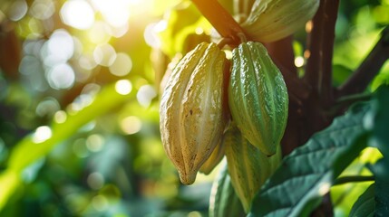 Unripe Cacao pods grow on trees. The cocoa tree ( Theobroma cacao ) with fruits, Green cacao raw cacao tree plant fruit plantation