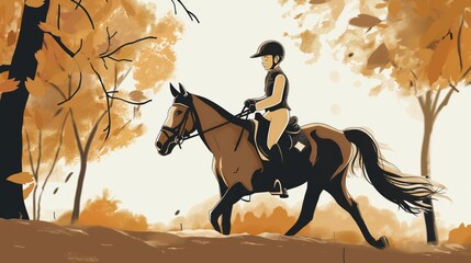 Illustration professional female horse rider wearing helmet trots through sunny forest nature scenery