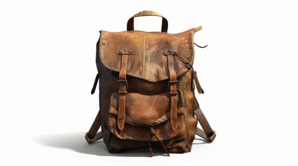 Wall Mural - A brown leather backpack against a white background