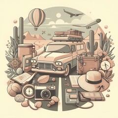 Wall Mural - road trip aesthetic concept, muted neutral colors, happy travel, enjoy holidays and relaxation.