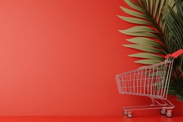 A modern shopping cart against a vibrant red background, complemented by tropical green leaves for a fresh retail ambiance.