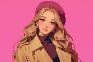 Wall Mural - Girl with long, wavy chestnut hair, wearing no glasses, a maroon beret, a tan trench coat, Middle Eastern, pastel purple solid background 