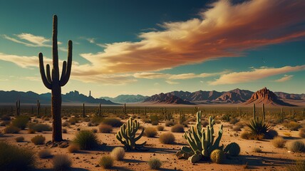 Wall Mural - psychedelic and surreal scenery with cactus in the desert. Landscape of the wild west.