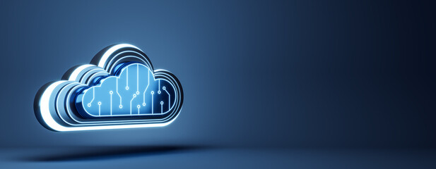 Wall Mural - Glowing cloud computing icon with circuit lines on blue background. 3D Rendering