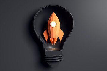 Poster - Rocket inside a lightbulb symbolizing startup ideas and innovation. 3D Rendering