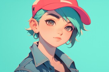 Wall Mural - Girl with short, spiky green hair, wearing no glasses, a red baseball cap, a denim jacket, Latina, teal solid background 