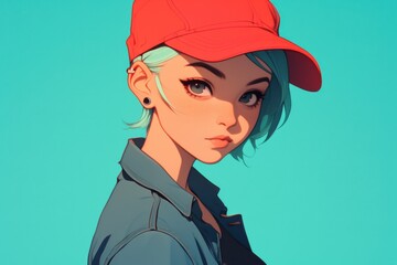 Wall Mural - Girl with short, spiky green hair, wearing no glasses, a red baseball cap, a denim jacket, Latina, teal solid background -