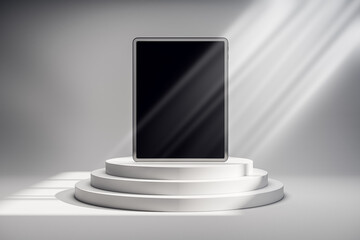 Poster - Digital tablet mockup on a round podium with sunlight beams on a grey background. 3D Rendering