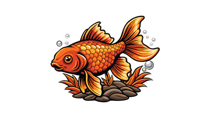 Design a vector illustration of a goldfish swimming in a tank with bubbles, rocks, and plants.