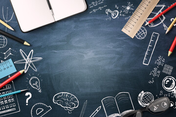 Poster - Back to school concept with chalkboard and educational doodles on black background. 3D Rendering