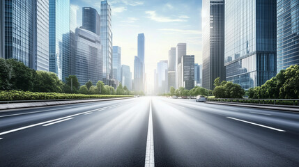 A high-speed highway stretches across the foreground, with a blank asphalt street ideal for car advertising, while the city skyline and modern skyscrapers rise in the background under bright sunlight.