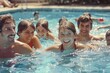 © keiron - Vintage 1980s multigenerational family enjoying fun summer day swimming in outdoor pool smiling
