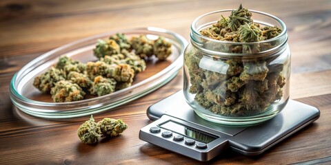 A clear glass jar filled with dried marijuana buds sits beside a precise digital scale on a clean surface, highlighting cannabis measurement and commerce.