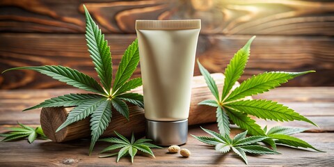 Natural ingredients and botanicals infused in a luxurious hemp derived skincare product, showcased in a modern tube packaging with an earthy tone label design.