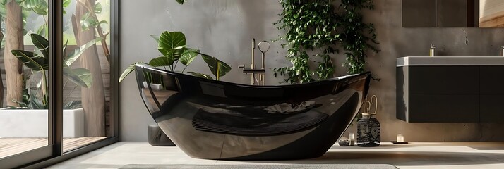 Canvas Print - A modern bathroom featuring a sleek black bathtub surrounded by greenery and contemporary design elements.