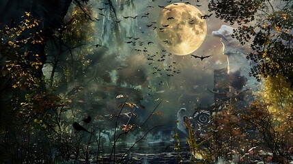 Canvas Print - A mystical night scene with a full moon, bats, and a serene landscape filled with foliage and water.