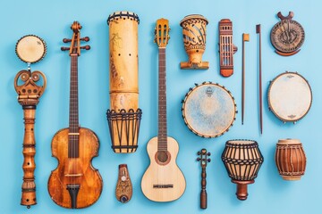 Aufkleber - A collection of various musical instruments on a blue background
