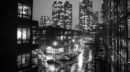 Wall Mural - Rainy Night Cityscape with Reflections in Windows