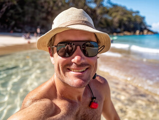 Wall Mural - A man wearing a hat and sunglasses is smiling at the camera. He is standing on a beach with the ocean in the background