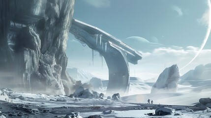 Poster - A futuristic landscape featuring an icy terrain with a large arch structure and distant celestial bodies.