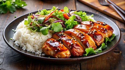 Teriyaki chicken with rice and salad on a plate , Japanese cuisine, grilled chicken, Asian food, healthy eating