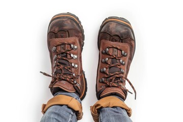 Poster - A person wearing brown hiking boots on their feet