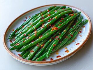 Wall Mural - Sauteed long beans on a white plate