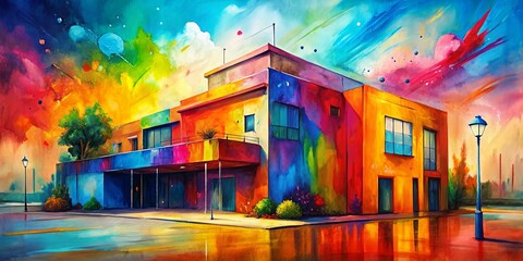 colorful abstract painting of a building against a vibrant background, abstract, colorful, painting,