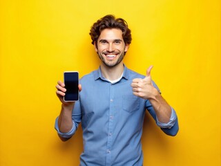 A casual young adult gives a thumbs up, holding a mobile phone with a blank screen, standing against a bright yellow background with a friendly smile.