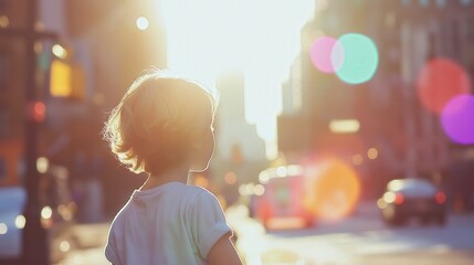 Silhouette of a child standing in the middle of a busy city street, looking towards the sun shining bright in the distance.