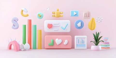 Poster - D Colorful Icons and Shapes on Pink Background