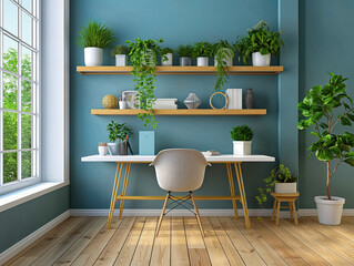 Wall Mural - A clean and organized office space with a desk, chair, and potted plants. The room has a modern and minimalist design, with a blue wall and white furniture. The potted plants add a touch of greenery