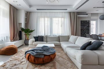 Poster - A warm and inviting living room with comfortable furniture and a large window letting in natural light
