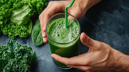 Person drinking a green detox smoothie, with fresh kale and spinach on the counter