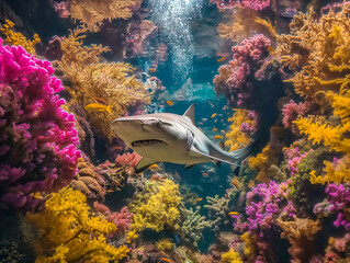 Canvas Print - A shark is swimming in a colorful coral reef. The reef is full of different colored fish and plants