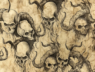 Sticker - A drawing of skulls and horns with a creepy vibe. The skulls are arranged in a pattern and the horns are twisted and twisted. Scene is dark and eerie