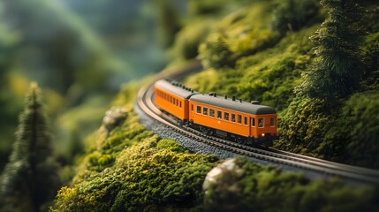 20. A toy train moving along a miniature track with a scenic background