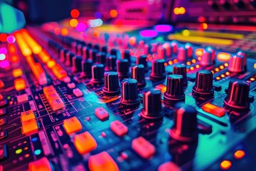 Aufkleber - Close-up of a mixing board in a recording studio with various controls and buttons