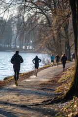 Poster - A group of people in motion, exercising or having fun near a lake, river or sea