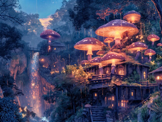 Canvas Print - A fantasy world with a waterfall and a village of mushroom houses. The atmosphere is mysterious and magical