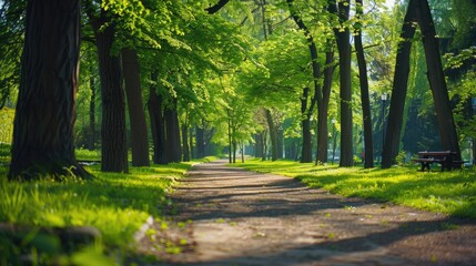 Poster - Pathway surrounded by trees in a peaceful park environment, perfect for outdoor scenery or nature-inspired designs
