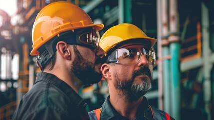 Two Men Wearing Hard Hats and Safety Glasses, Standing