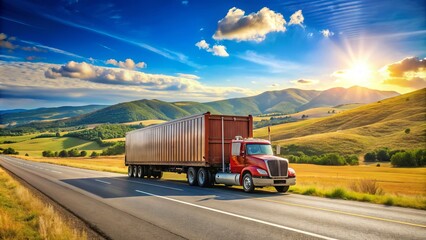 A heavy-duty flatbed transporter hauls a large cargo container along a sunny highway, surrounded by rolling hills and clear blue skies.