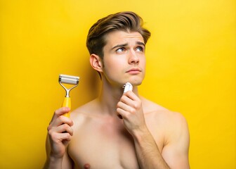 A indecisive young adult stands in front of a yellow background, contemplating a razor and an epilator, weighing grooming options for smooth skin.