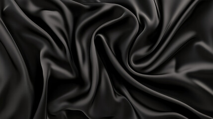 Poster - A top view of black satin fabric reveals a dark silk background with elegant folds, showcasing the smooth and luxurious texture of the material. The black satin is ideal for high-end fashion design, o