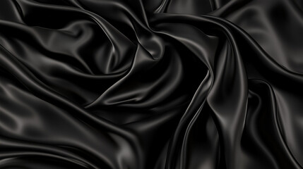 Poster - A top view of black satin fabric reveals a dark silk background with elegant folds, showcasing the smooth and luxurious texture of the material. The black satin is ideal for high-end fashion design, o