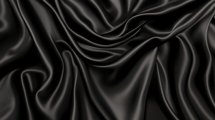 Poster - A top view of black satin fabric reveals a dark silk background with elegant folds, showcasing the smooth and luxurious texture of the material. The black satin is ideal for high-end fashion design, o