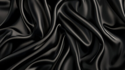 Poster - A top view of black satin fabric reveals a dark silk background with elegant folds, showcasing the smooth and luxurious texture of the material. The black satin is ideal for high-end fashion design, o